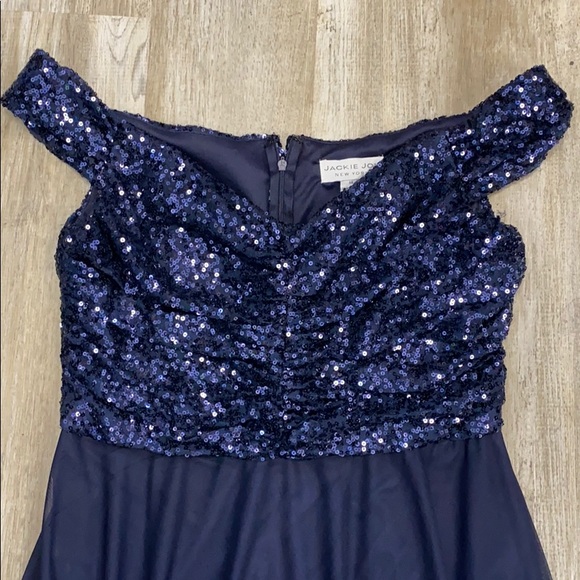 Sequin Off The Shoulder Navy Dress - Picture 3 of 6